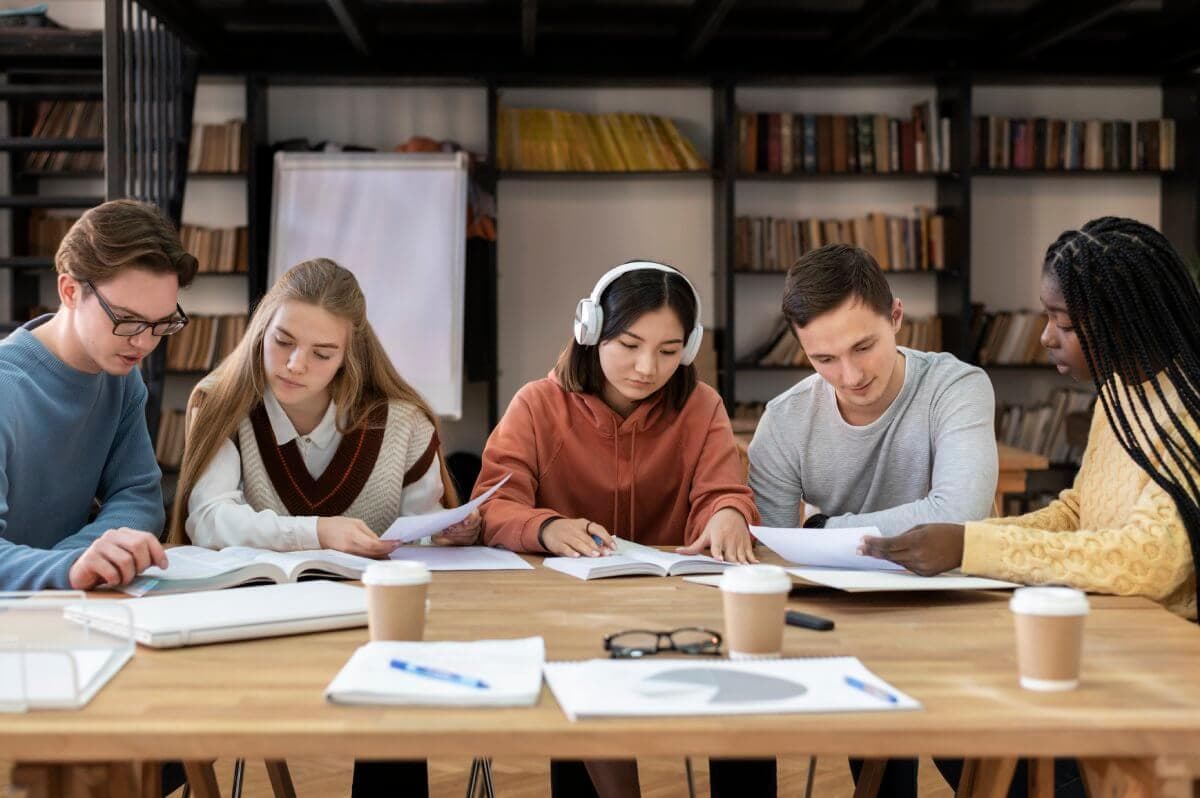 A diverse group of learners studying together